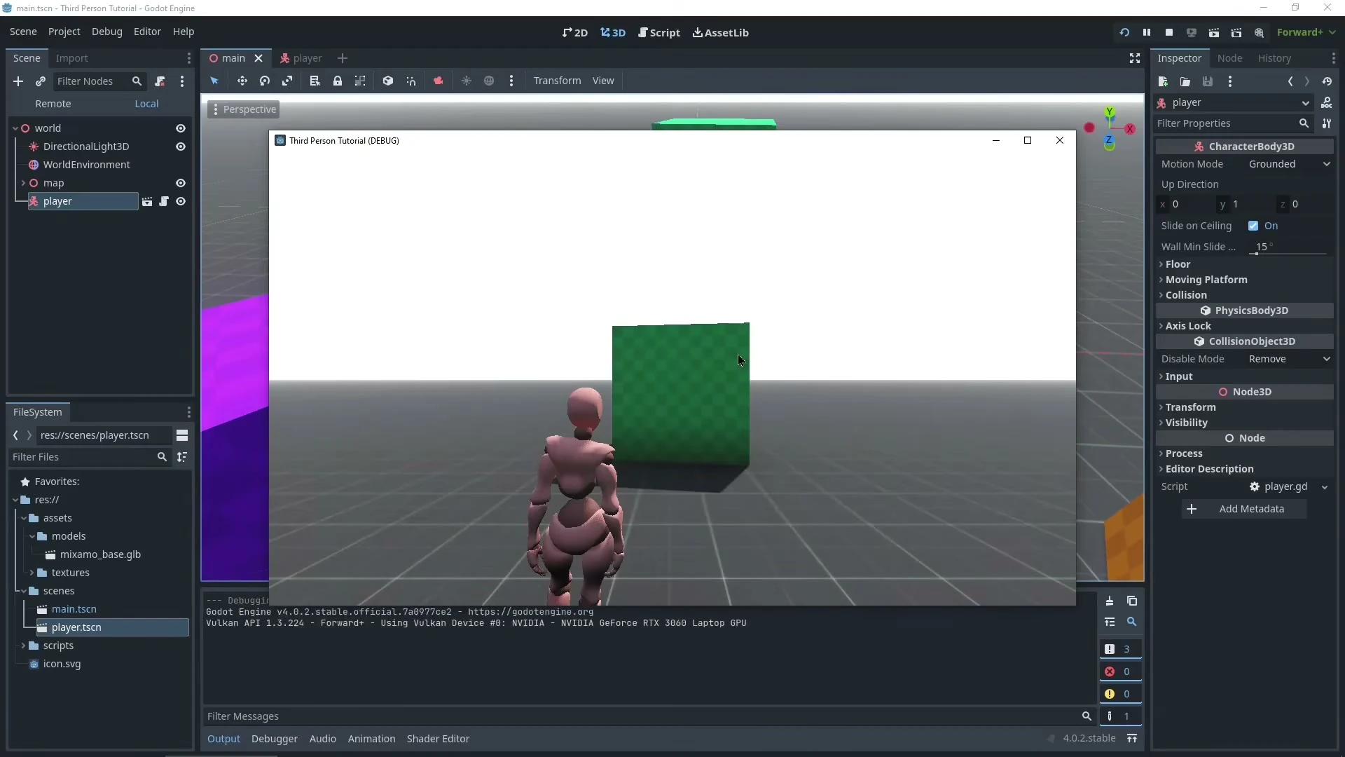 В main.tscn узлы map и player находятся на одном уровне под world