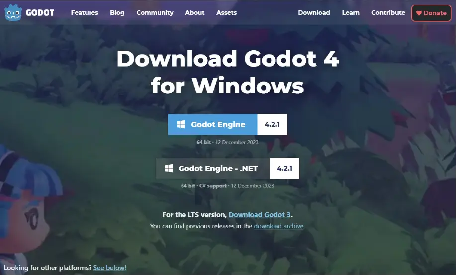 Страница загрузки Godot Engine 4.0 для Windows