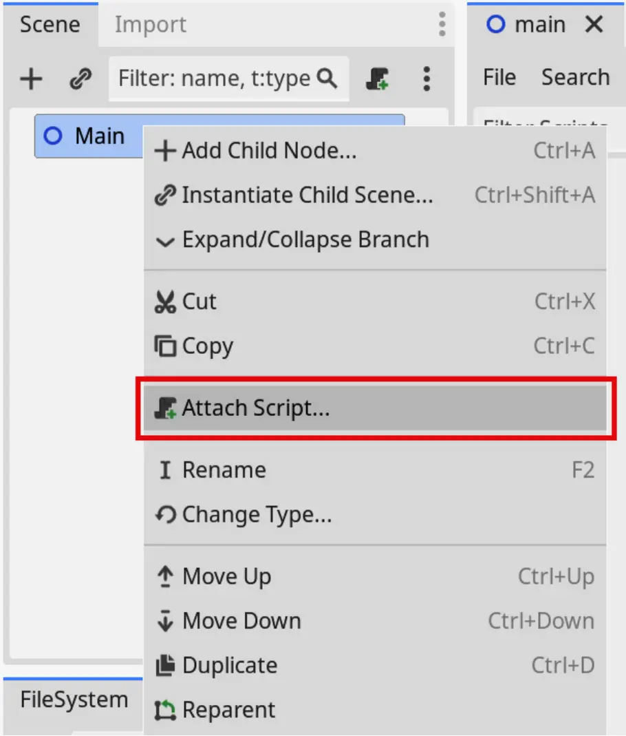 Прикрепление скрипта к узлу Main в Godot